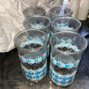 6 vintage blue gingham lace juice glass tumblers